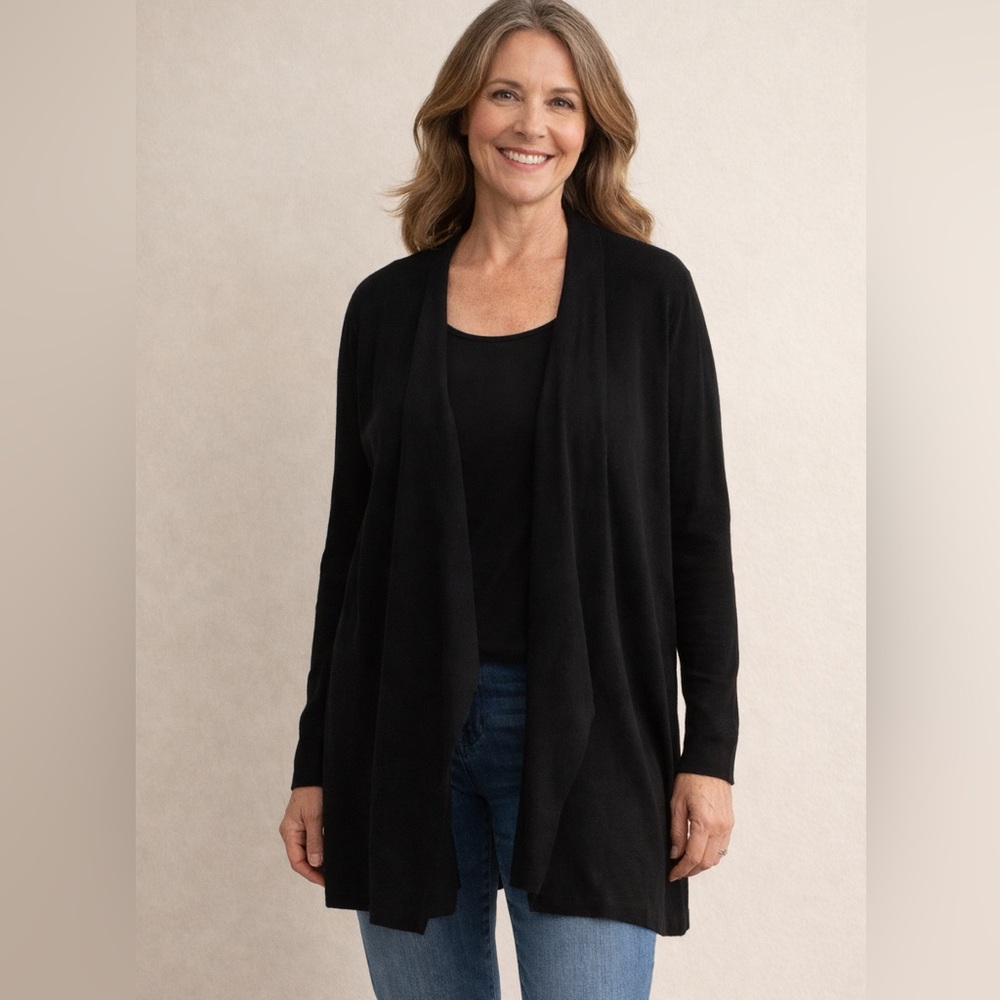 Eileen Fisher Black Silk Cotton Blend Waterfall Ribbed Sweater